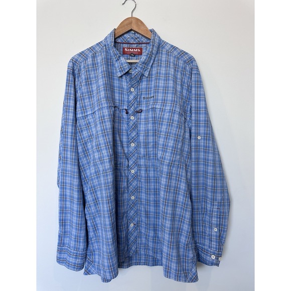Simms Mens Blue 2XL Long Sleeved Nylon Lightweight Plaid Fishing Shirt - Picture 1 of 8